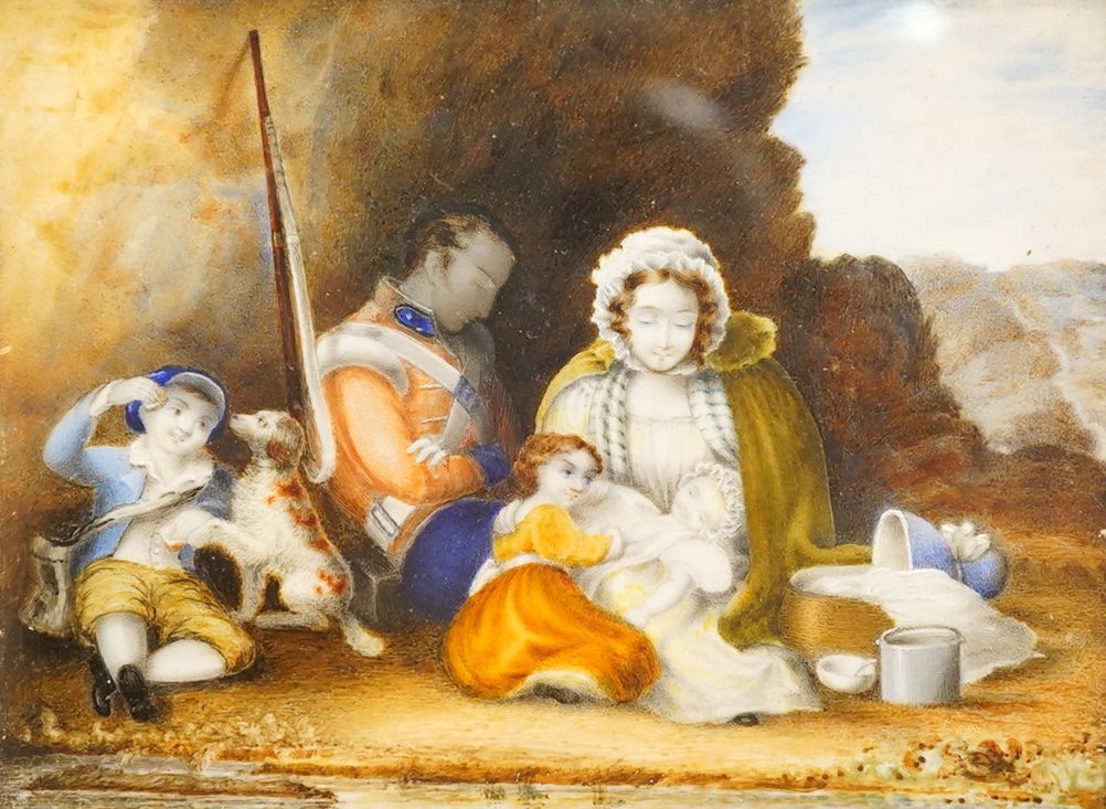Regency School, Sleeping military gentleman and his family before a landscape, watercolour portrait miniature on ivory, framed, 7 x 9.5cm IVORY SUBMISSION VTKNBCRG